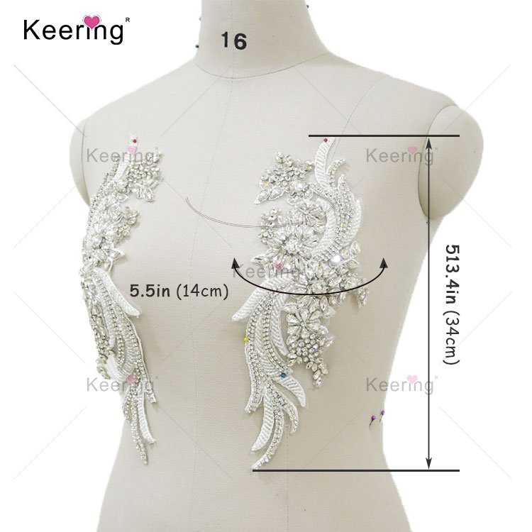 Keering Custom Green And Gold Patch On Rhinestone Crystal Neckline Applique For Evening Bridesmaid Gown WDP-303