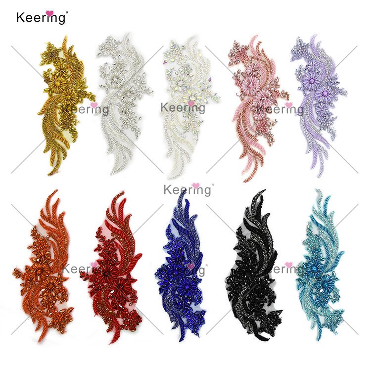 Keering Custom Green And Gold Patch On Rhinestone Crystal Neckline Applique For Evening Bridesmaid Gown WDP-303