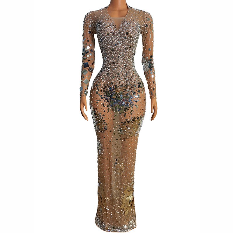 Sparkly Silver Rhinestone Mirror skinny Dress Women Birthday Stage play Celebrate Evening Dress Dancer Party Show Dress