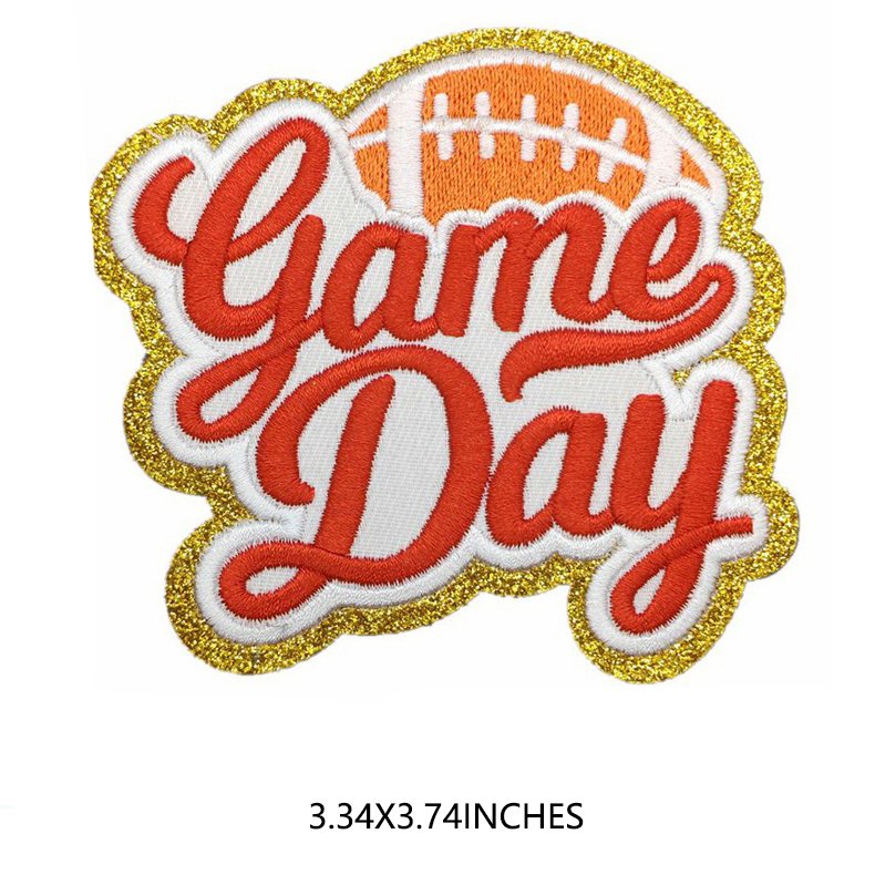 Heat transfer embroidered gold glitter trim hat patch football game day iron on patches for hats
