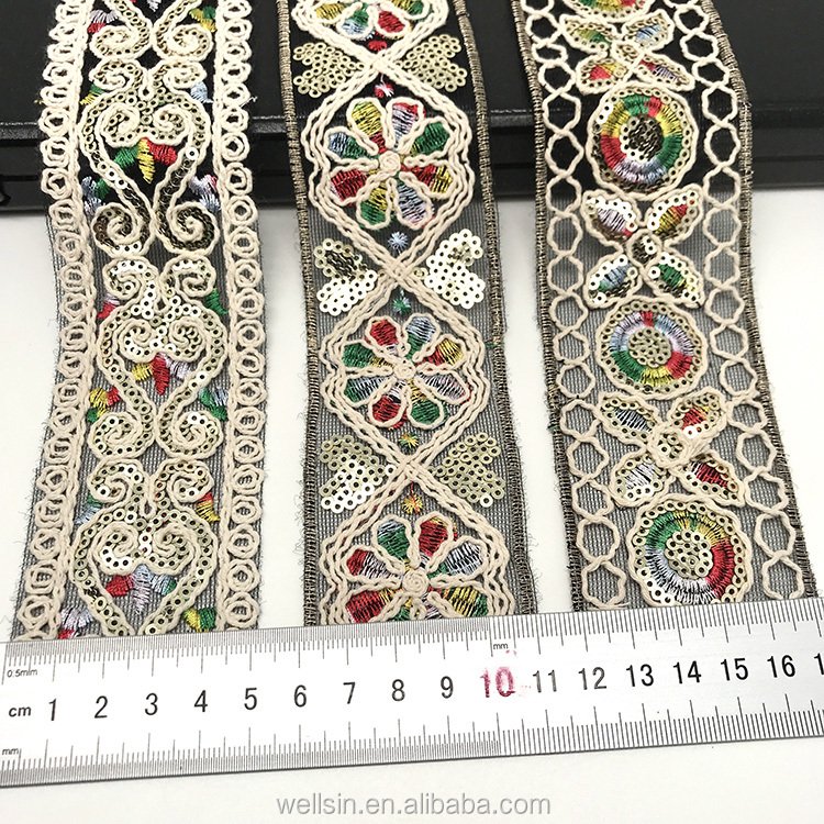 2021 new fashion hot selling cotton thread Sequins Embroidered Lace Trims Shoes Dress Decorative Webbing Ribbons DIY Sewing