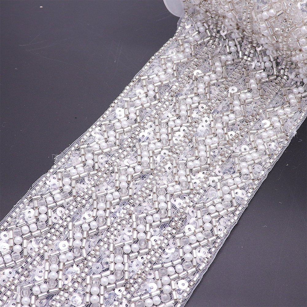 Custom Style Bulk Beaded Bridal Lace Trim Sew On White Lace Trim With Machine Embroidery