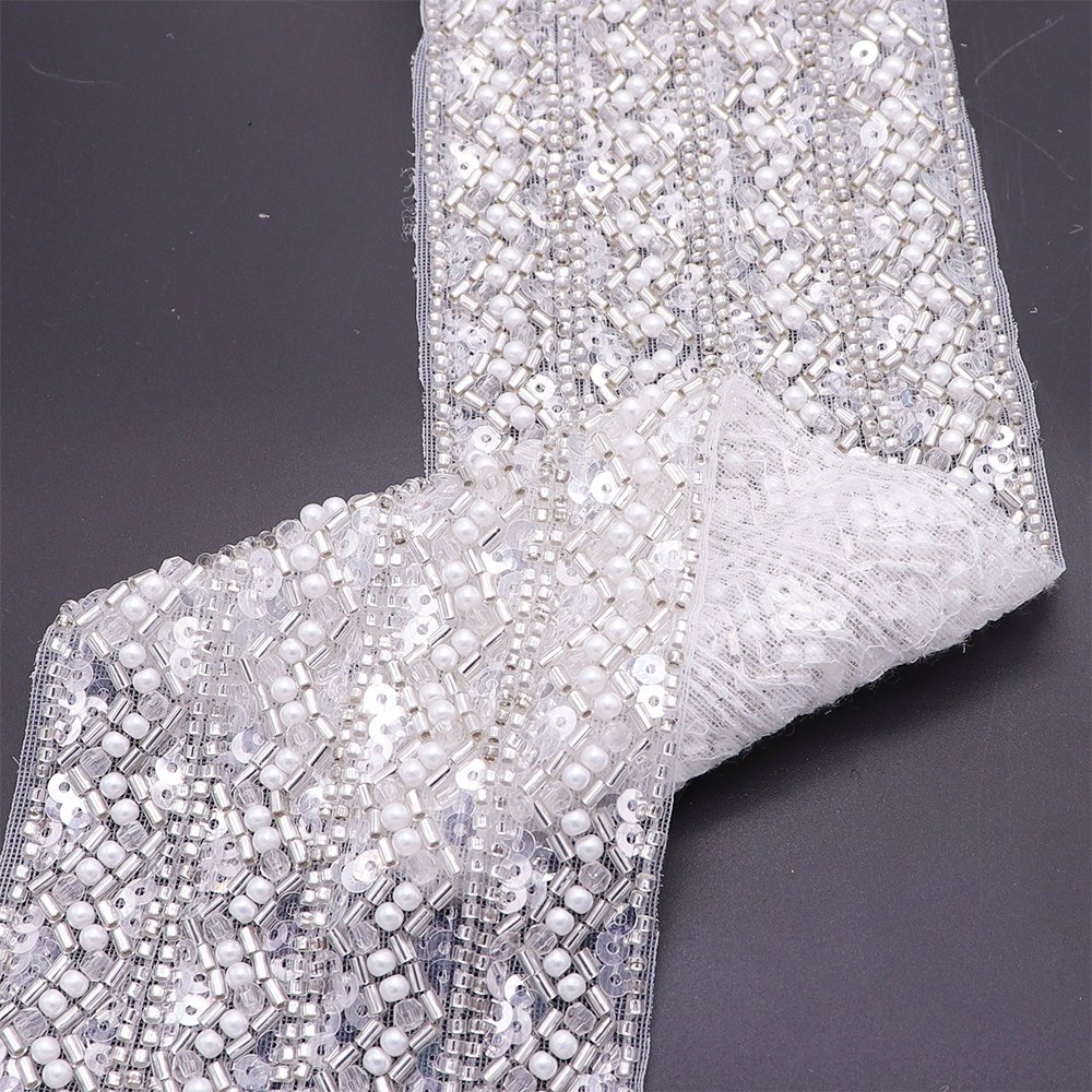 Custom Style Bulk Beaded Bridal Lace Trim Sew On White Lace Trim With Machine Embroidery