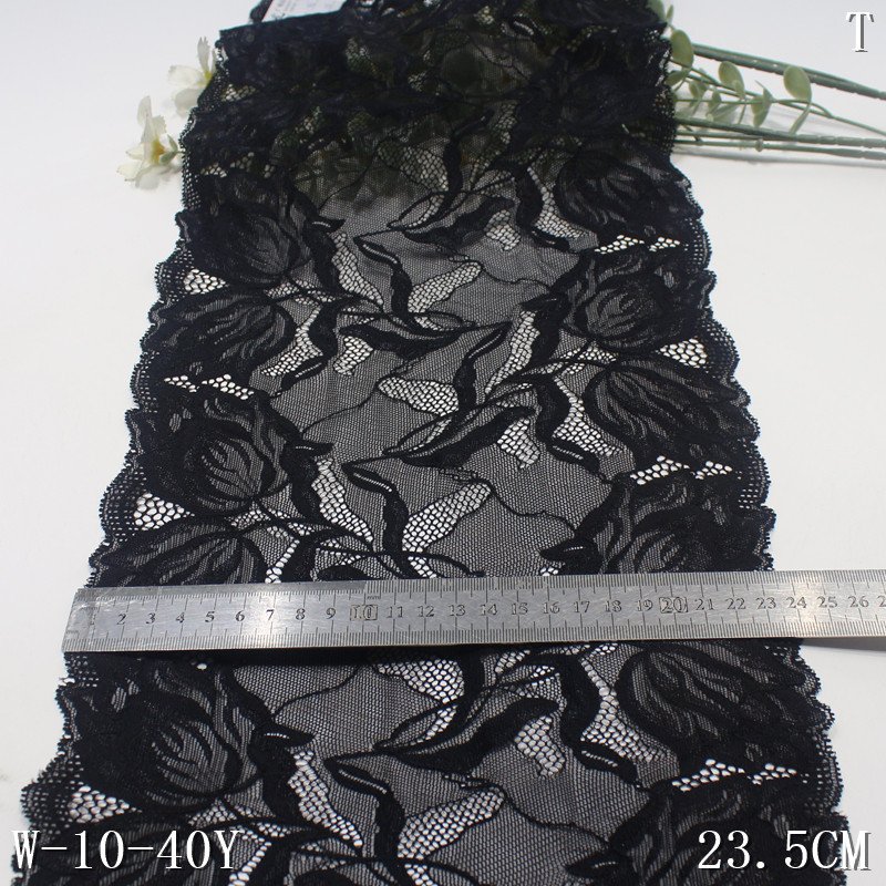 Factory sale 23cm high quality fancy tulip design elastic lace Trim Stretch nylon yarn black Fabric Lace For underwear Dress