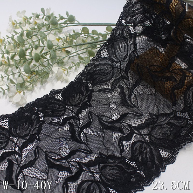 Factory sale 23cm high quality fancy tulip design elastic lace Trim Stretch nylon yarn black Fabric Lace For underwear Dress