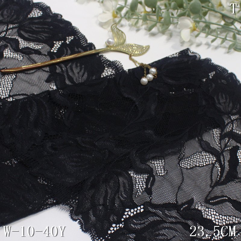 Factory sale 23cm high quality fancy tulip design elastic lace Trim Stretch nylon yarn black Fabric Lace For underwear Dress