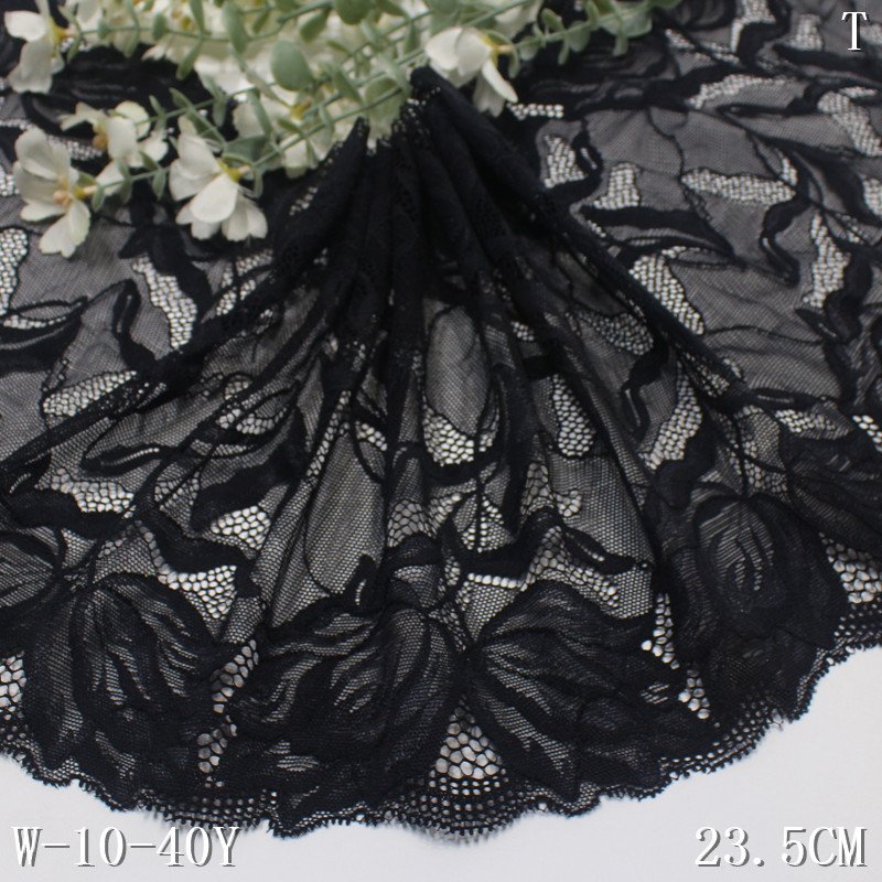 Factory sale 23cm high quality fancy tulip design elastic lace Trim Stretch nylon yarn black Fabric Lace For underwear Dress