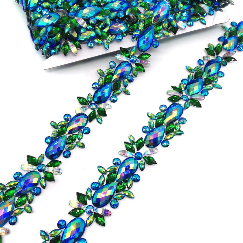 1 3/4" Royal Blue AB/Green AB Resin Stone Iron On Trim Iridescent Resin Rhinestone Appliques for Carnival Costumes Accessories