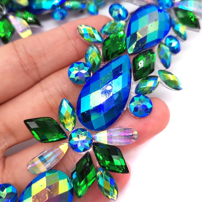 1 3/4" Royal Blue AB/Green AB Resin Stone Iron On Trim Iridescent Resin Rhinestone Appliques for Carnival Costumes Accessories
