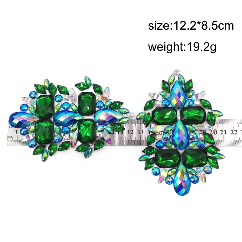 1 3/4" Royal Blue AB/Green AB Resin Stone Iron On Trim Iridescent Resin Rhinestone Appliques for Carnival Costumes Accessories