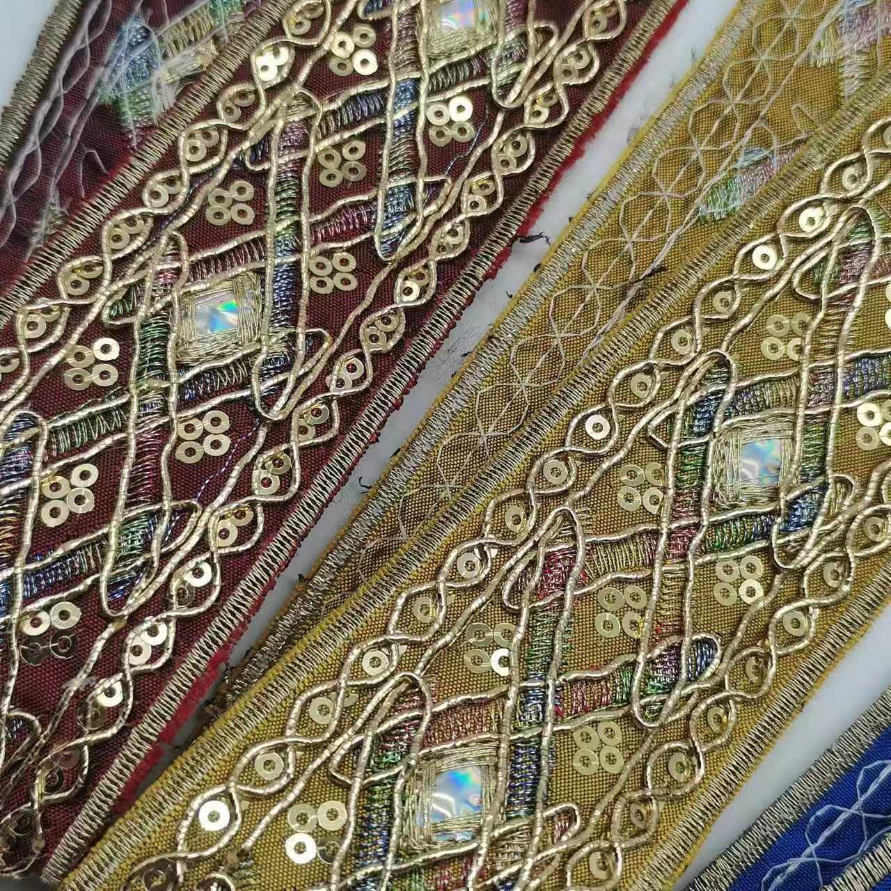 Wholesale Gold Emboiled Lace Trim for Women's Clothing Fashion Circular Sequin Belt with Horsehair Clothing Lace Suppliers