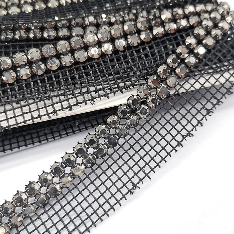 High Quality Custom Designed Black Fabric Banding with Two Rows of Hematite Rhinestone Trimming for Garment Shoe Hat Decoration