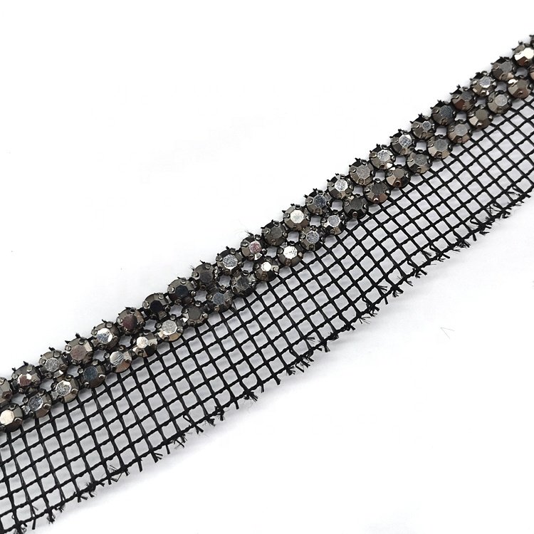 High Quality Custom Designed Black Fabric Banding with Two Rows of Hematite Rhinestone Trimming for Garment Shoe Hat Decoration