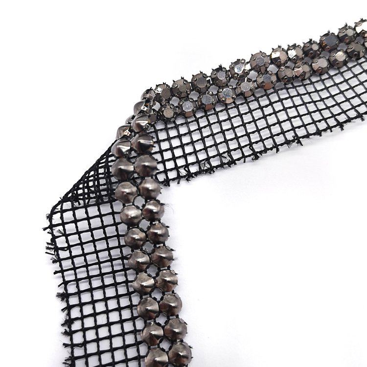 High Quality Custom Designed Black Fabric Banding with Two Rows of Hematite Rhinestone Trimming for Garment Shoe Hat Decoration