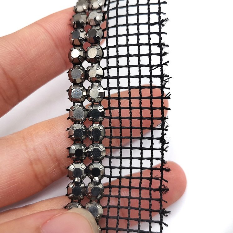 High Quality Custom Designed Black Fabric Banding with Two Rows of Hematite Rhinestone Trimming for Garment Shoe Hat Decoration