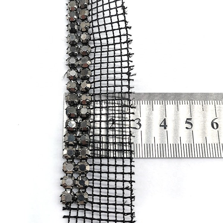 High Quality Custom Designed Black Fabric Banding with Two Rows of Hematite Rhinestone Trimming for Garment Shoe Hat Decoration