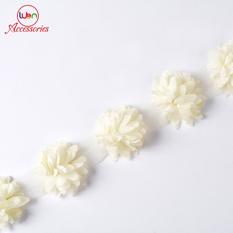 Wholesale chiffon cluster flowers color fringe 3D gathered lace trim applique