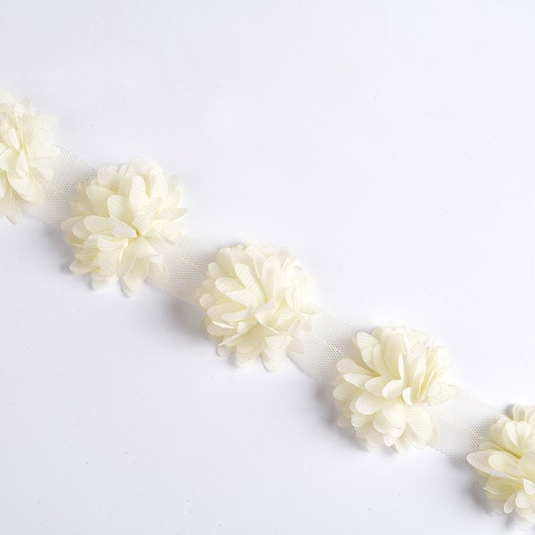 Wholesale chiffon cluster flowers color fringe 3D gathered lace trim applique