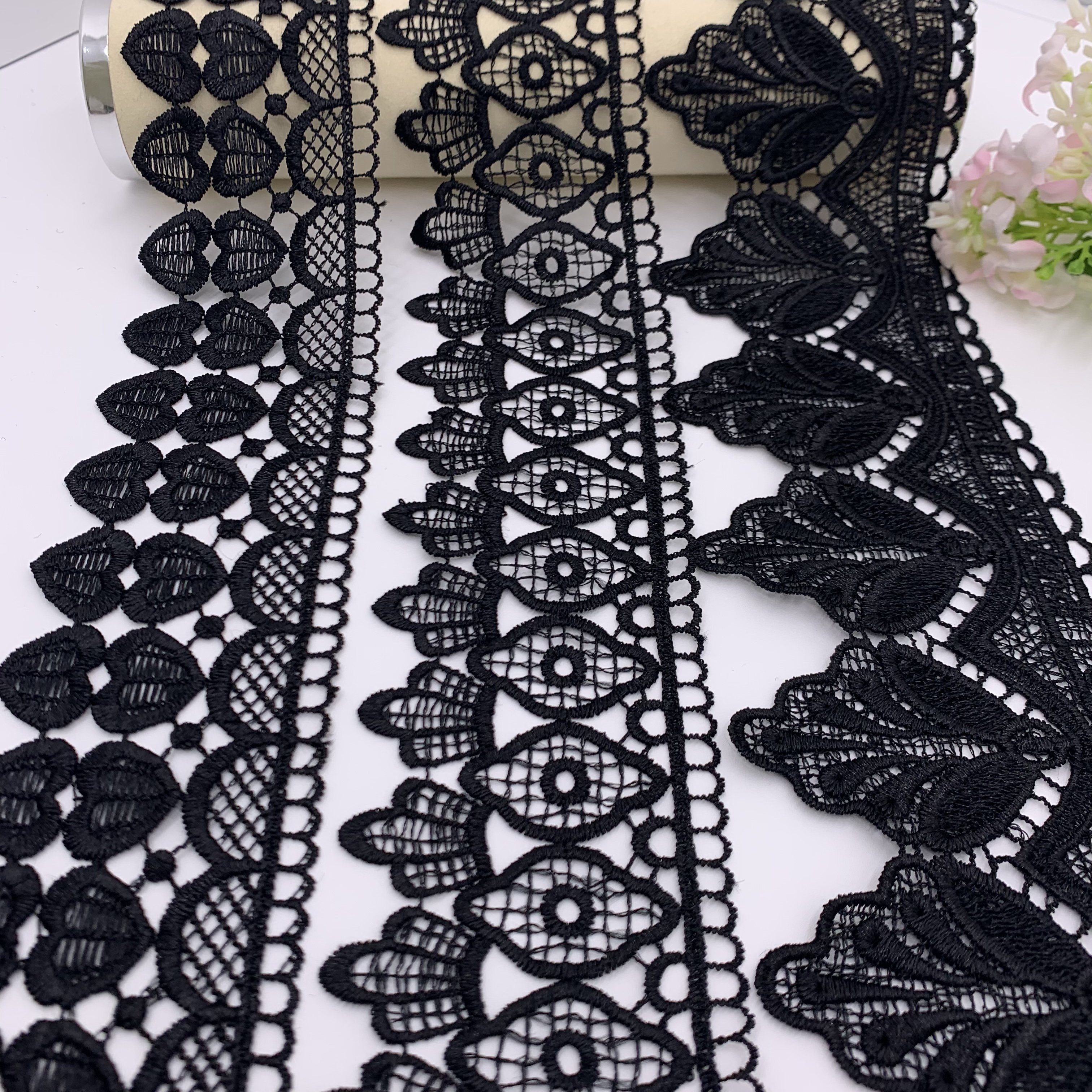 Fashion New Design Fancy Trim Lace Polyester Black Renda Water Soluble Embroidery Lace Fabric Trim