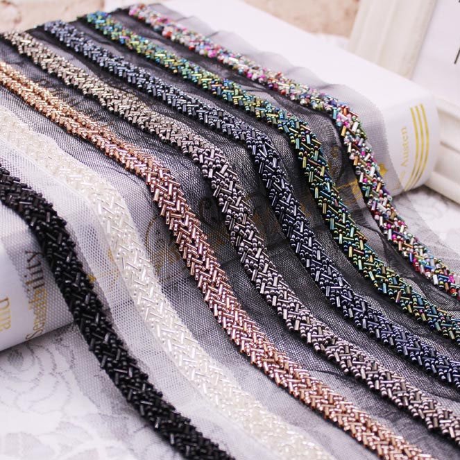 Fashion handmade solid color glitter glass crystal seed beads fabric lace trim for clothing