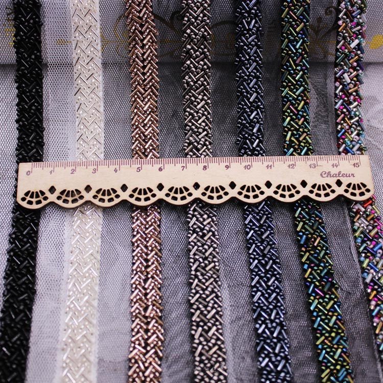 Fashion handmade solid color glitter glass crystal seed beads fabric lace trim for clothing