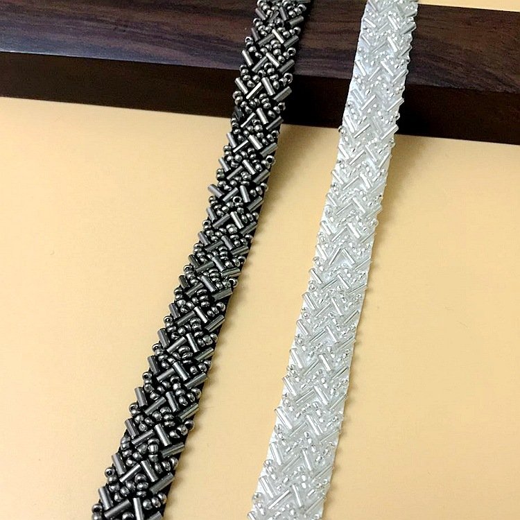 Fashion handmade solid color glitter glass crystal seed beads fabric lace trim for clothing