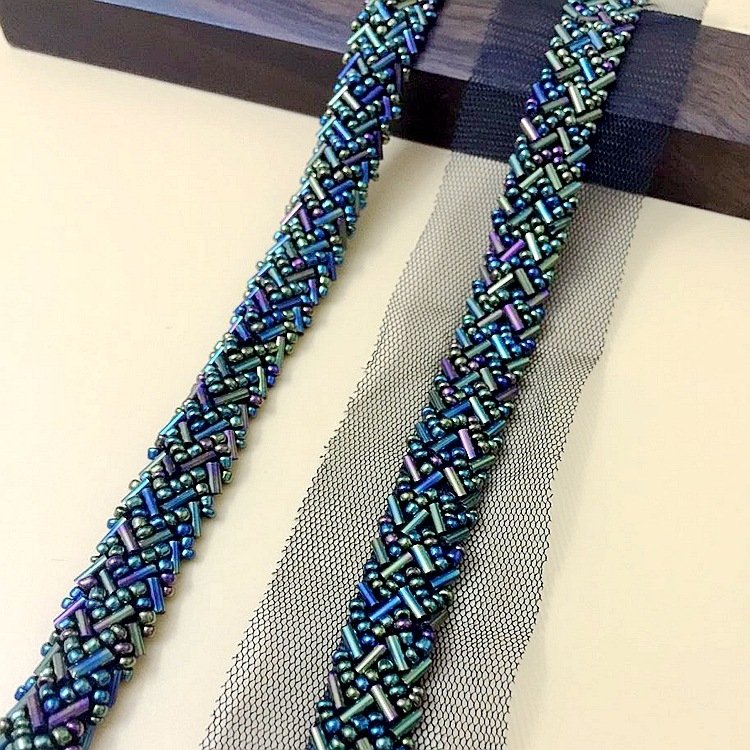 Fashion handmade solid color glitter glass crystal seed beads fabric lace trim for clothing