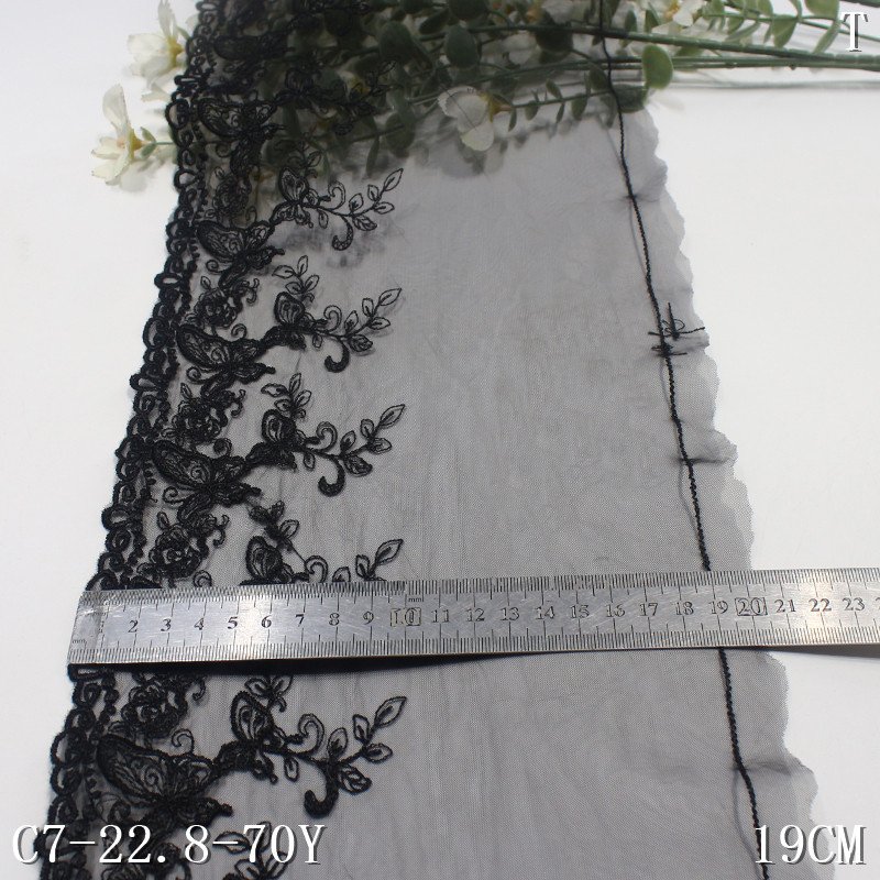 Nylon mesh black embroidery 19cm wide butterfly floral Embroidered lace trim for dress underwear bra accessories