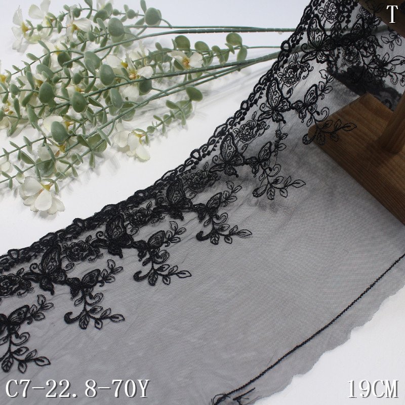 Nylon mesh black embroidery 19cm wide butterfly floral Embroidered lace trim for dress underwear bra accessories
