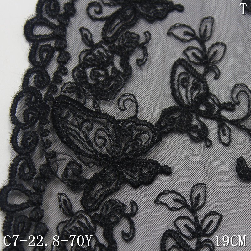 Nylon mesh black embroidery 19cm wide butterfly floral Embroidered lace trim for dress underwear bra accessories