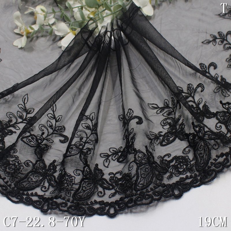 Nylon mesh black embroidery 19cm wide butterfly floral Embroidered lace trim for dress underwear bra accessories