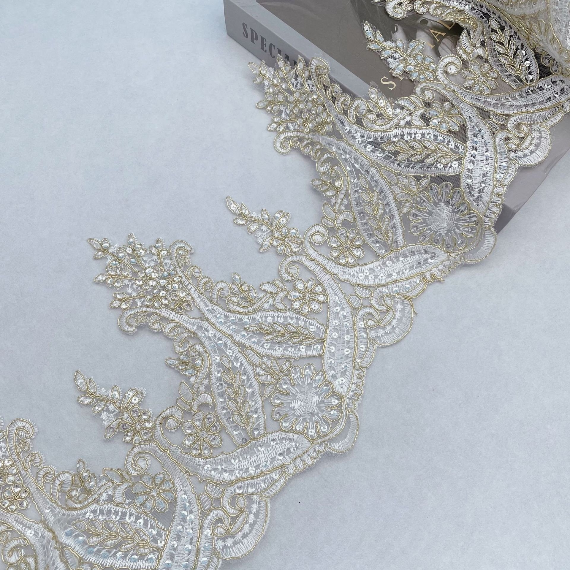 Hot sale floral border embroidered sequins net lace trimming for wedding dress LT2586B