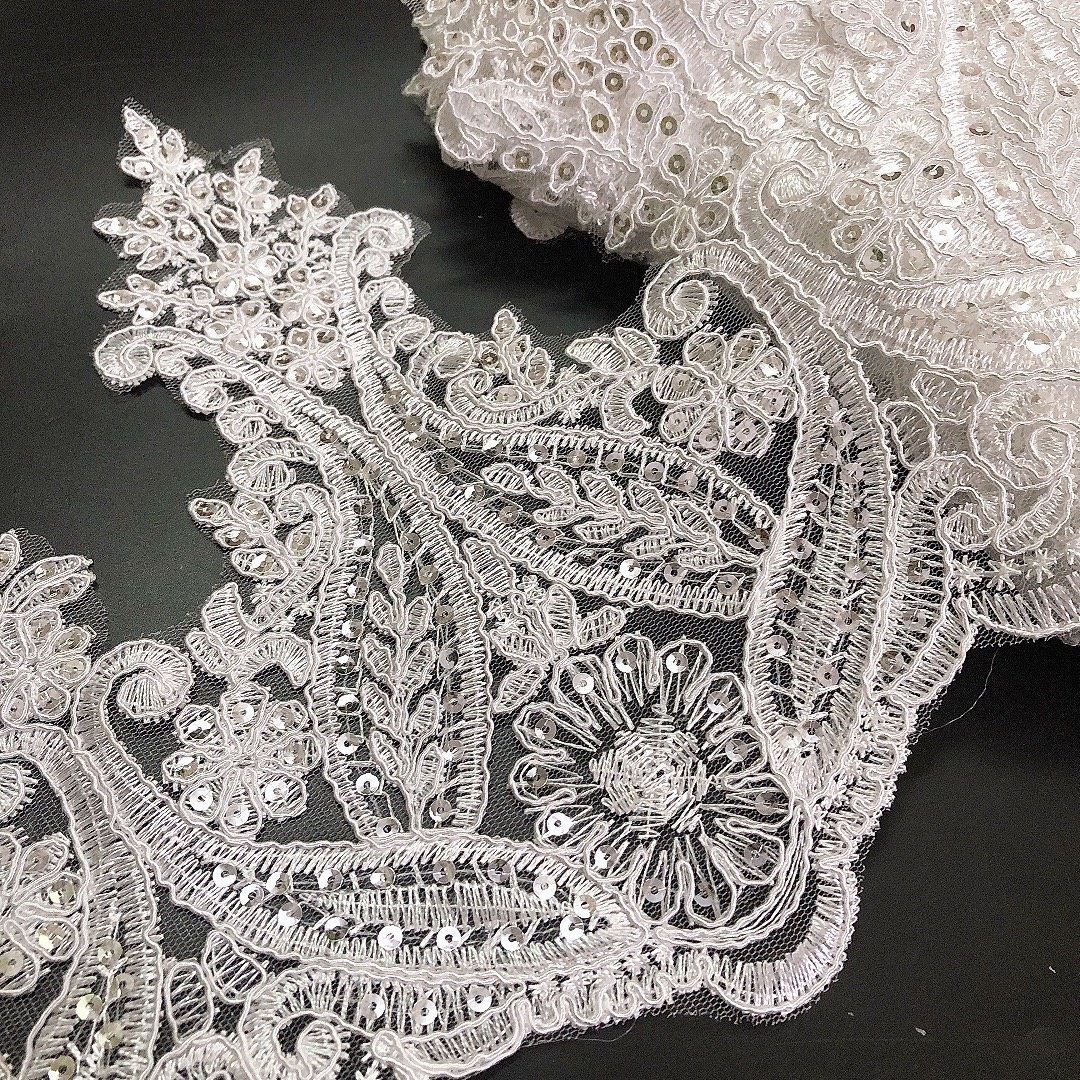 Hot sale floral border embroidered sequins net lace trimming for wedding dress LT2586B