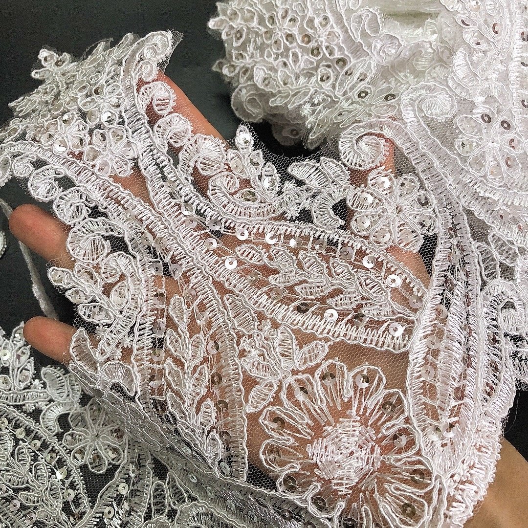 Hot sale floral border embroidered sequins net lace trimming for wedding dress LT2586B