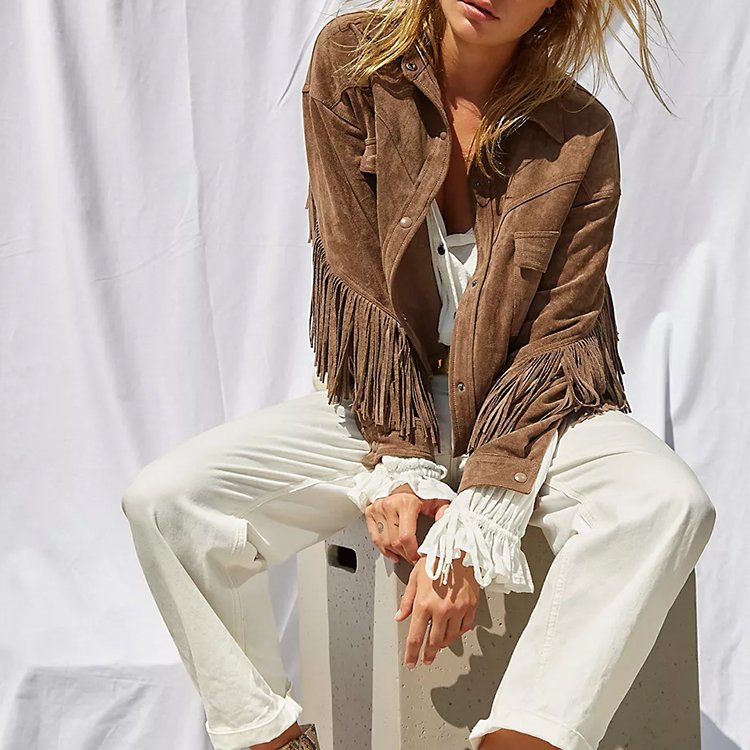 Western-Inspired Paneled Design With Exaggerated Fringe Trim Cropped Ladies Short Motorcycle Jackets