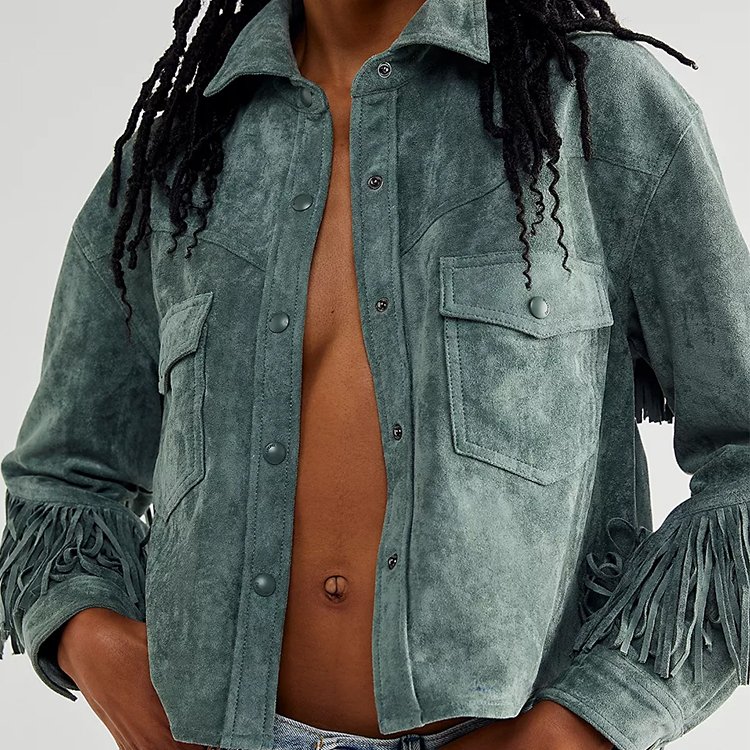 Western-Inspired Paneled Design With Exaggerated Fringe Trim Cropped Ladies Short Motorcycle Jackets