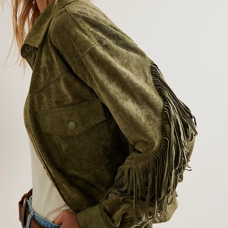 Western-Inspired Paneled Design With Exaggerated Fringe Trim Cropped Ladies Short Motorcycle Jackets