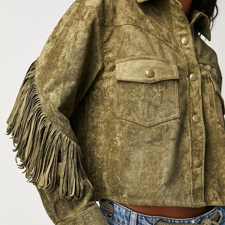 Western-Inspired Paneled Design With Exaggerated Fringe Trim Cropped Ladies Short Motorcycle Jackets