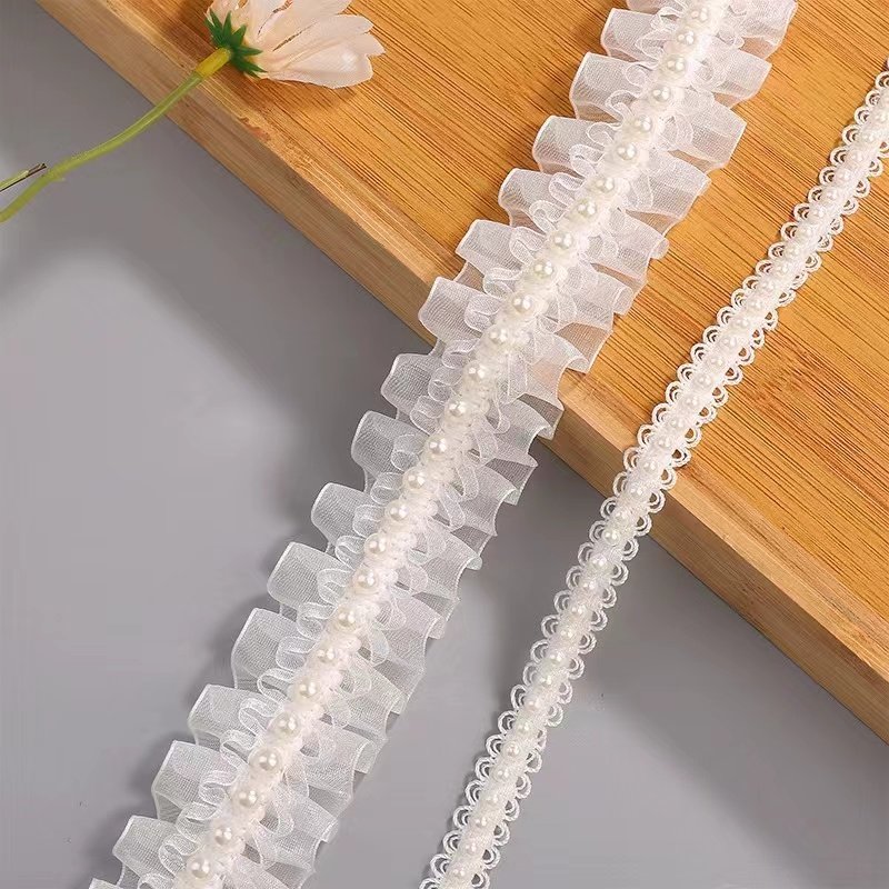 silver ruffle lace trim wide white cotton lace pleated ruffle trim