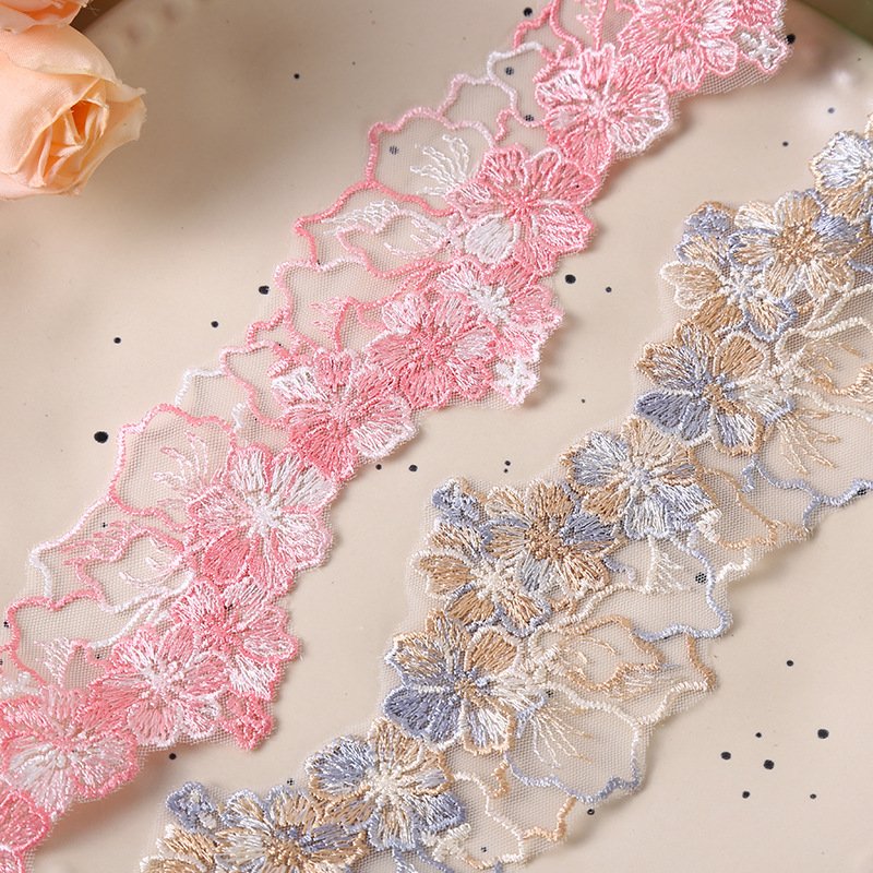 LS409 Pretty 6CM Mesh Gauze Colorful Floral Leaf Embroidery Lace Trimming Bridal Dress Lace DIY Headwear Accessories