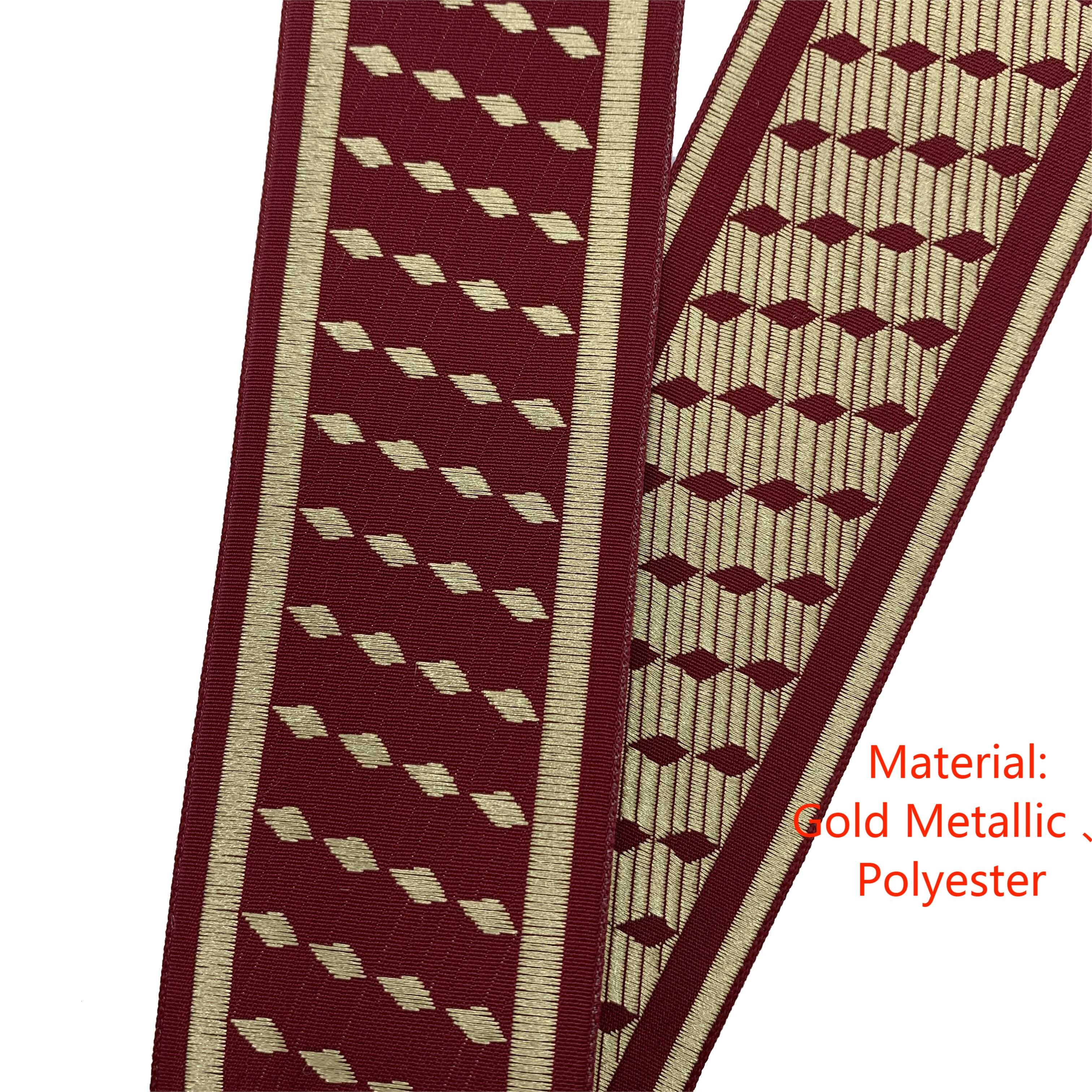 Custom Durable 5 cm Rhombus Geometric Pattern Webbing Gold Metallic Wire Polyester Jacquard Webbing
