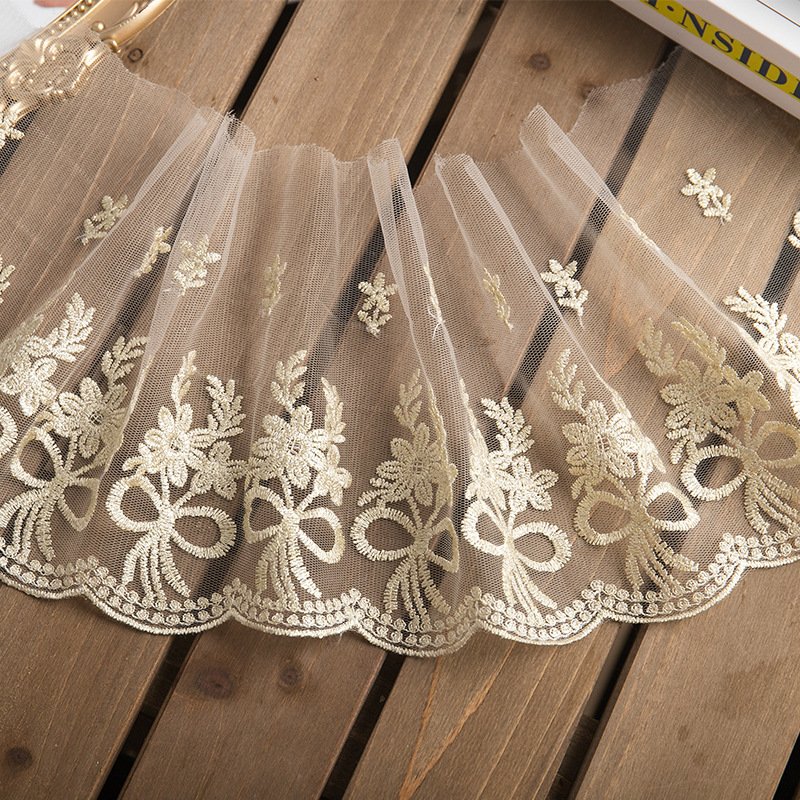 Mesh Lace Gold Flower Embroidery Lace Trimming Border Polyester Fabric For Ladies