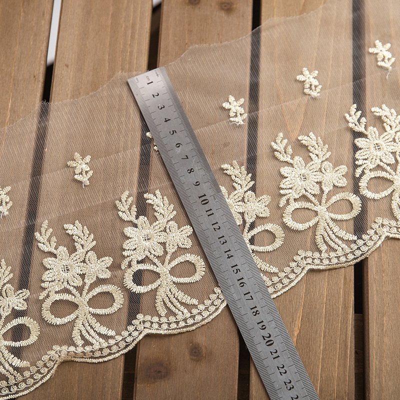 Mesh Lace Gold Flower Embroidery Lace Trimming Border Polyester Fabric For Ladies
