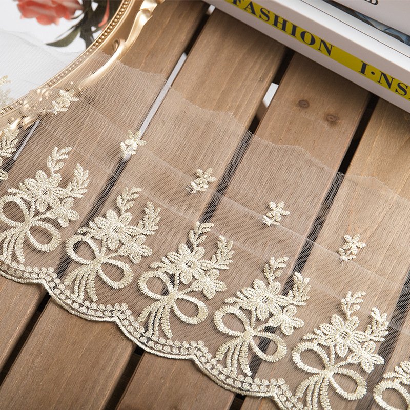 Mesh Lace Gold Flower Embroidery Lace Trimming Border Polyester Fabric For Ladies