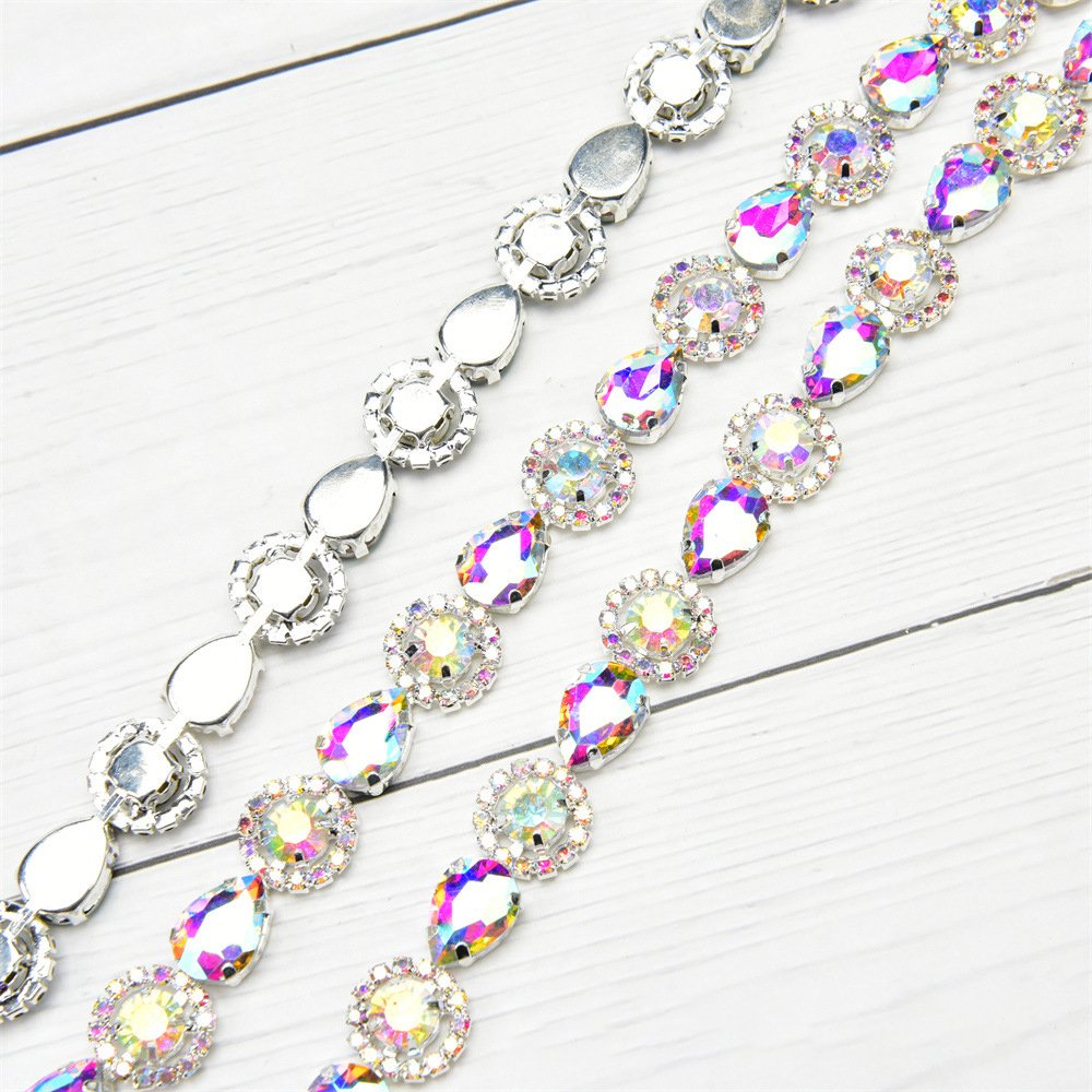 Water-Drop Sunflower Rhinestone Chain Trim 1.5cm Wide Sew-On Flower Crystal Chain for Dresses Costumes Jewelry Making & Crafts