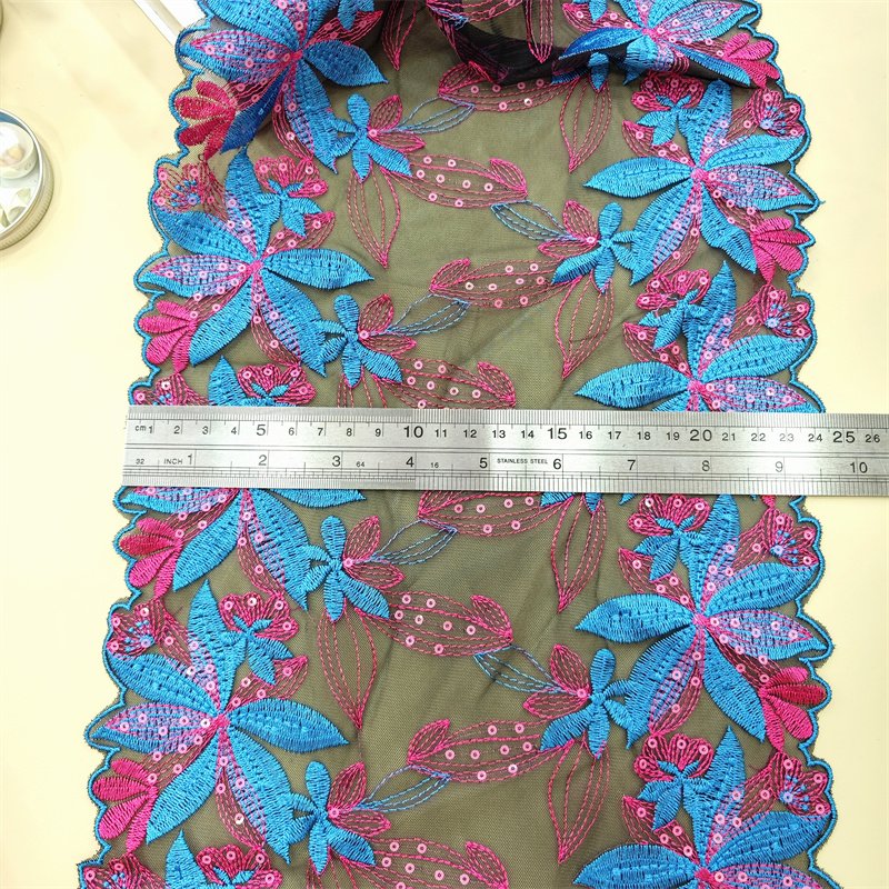 3D Wholesale Delicate High Quality 23cm Shiny Flower Embroidery Lace Trim For Women Dress Blue Tulle Guipure Lace
