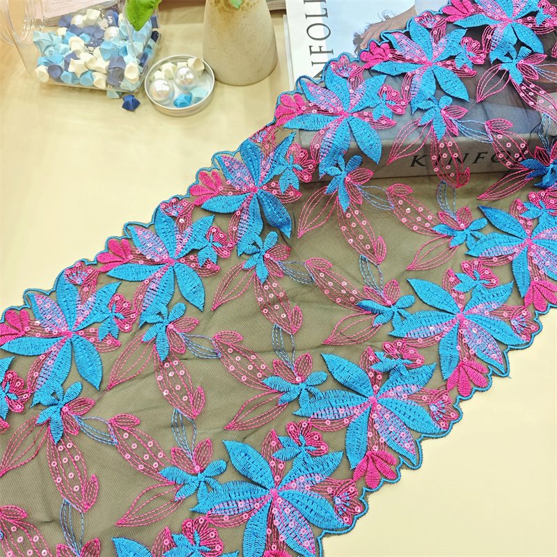 3D Wholesale Delicate High Quality 23cm Shiny Flower Embroidery Lace Trim For Women Dress Blue Tulle Guipure Lace