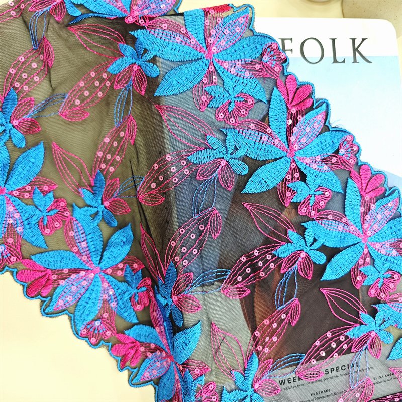 3D Wholesale Delicate High Quality 23cm Shiny Flower Embroidery Lace Trim For Women Dress Blue Tulle Guipure Lace