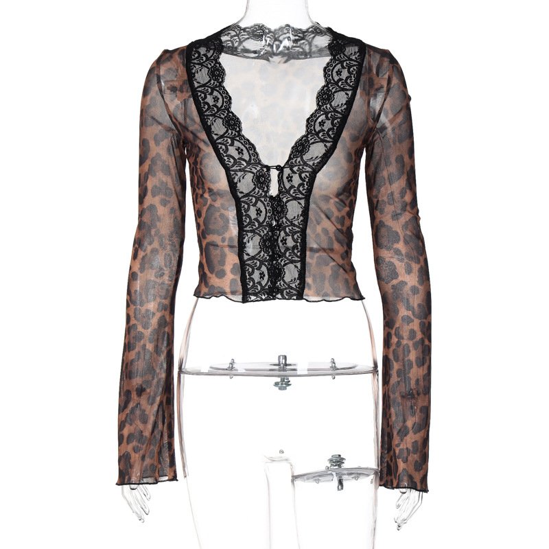 Channel Y2K Girl Sexy V Neck Lace Trim Long Sleeve Sheer Mesh Leopard Print Blouses And Tops For Women 2024