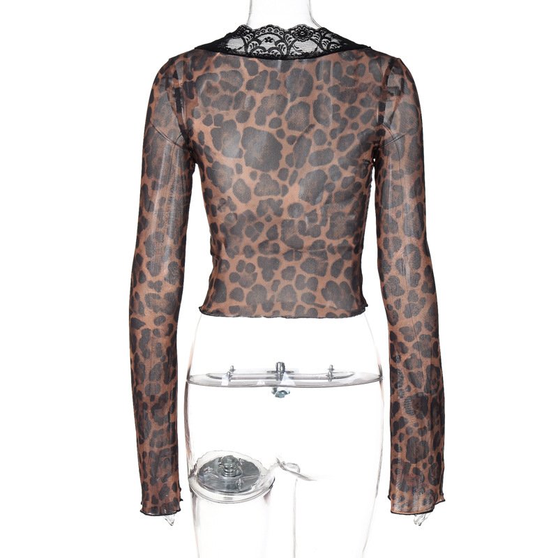 Channel Y2K Girl Sexy V Neck Lace Trim Long Sleeve Sheer Mesh Leopard Print Blouses And Tops For Women 2024